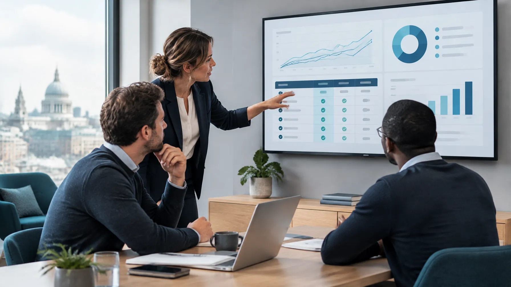 Team reviewing software options on a dashboard